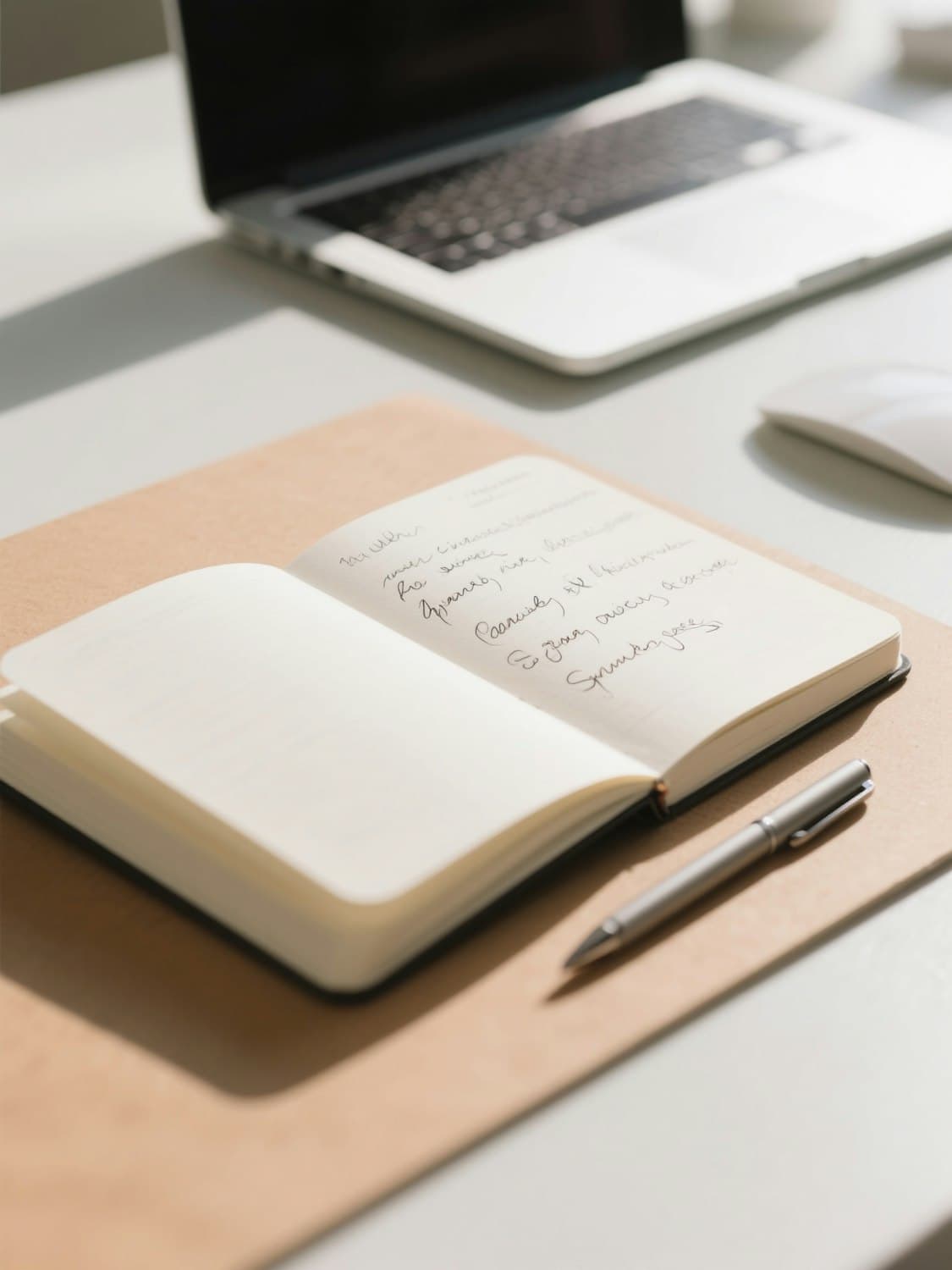 An open notebook of handwritten notes beside a laptop