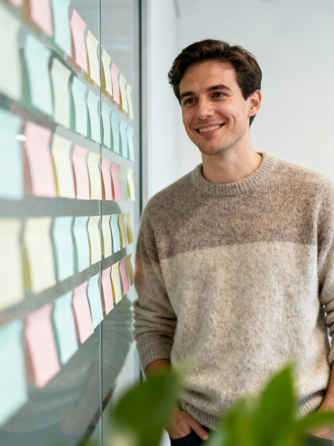 A strategist reviewing a wall of sticky notes during a planning session