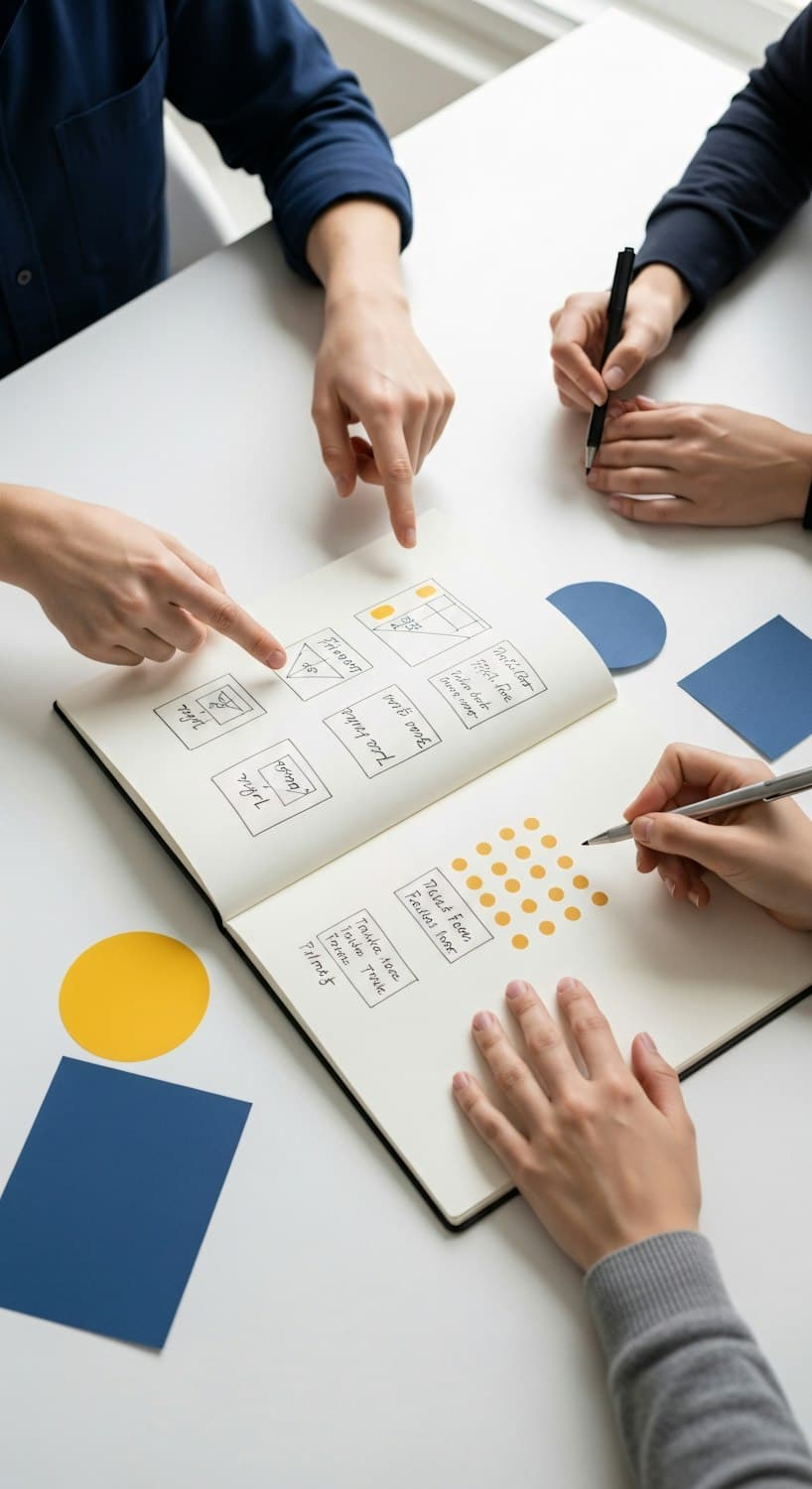 Hands sketching website wireframes in a notebook